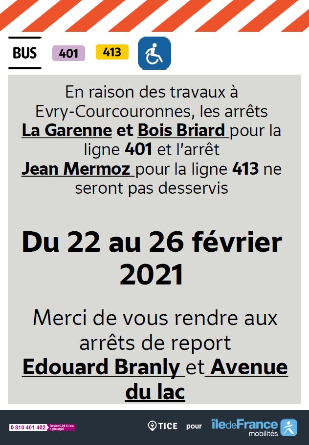 EvryEss_IDFM's tweet image. #InfoTrafic 🚧Des travaux à Evry-Courcouronnes impacteront les lignes #bus401 et #bus413 du 22 au 26 février 2021. 🚌