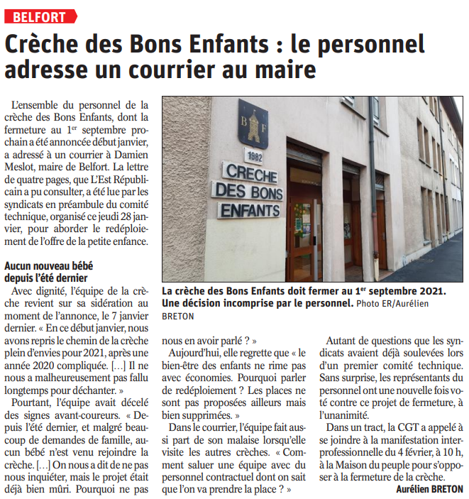 CGTcaGB's tweet photo. #Belfort Crèche des bons enfants, lettre des agents à D. Meslot
Article de l'Est Républicain de dimanche. https://t.co/WguFaU3zSP