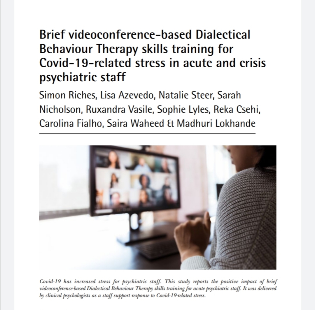 Our new article 'Brief videoconference-based Dialectical Behaviour Therapy skills training for Covid-19-related stress in acute and crisis psychiatric staff' out now <a href="/UKDCP/">Division of Clinical Psychology</a> <a href="/BPSOfficial/">British Psychological Society</a> <a href="/MaudsleyNHS/">NHS Maudsley</a> <a href="/KingsIoPPN/">Institute of Psychiatry, Psychology & Neuroscience</a> #mentalhealth #NHS #nursing #COVID19 #COVID
shop.bps.org.uk/clinical-psych…