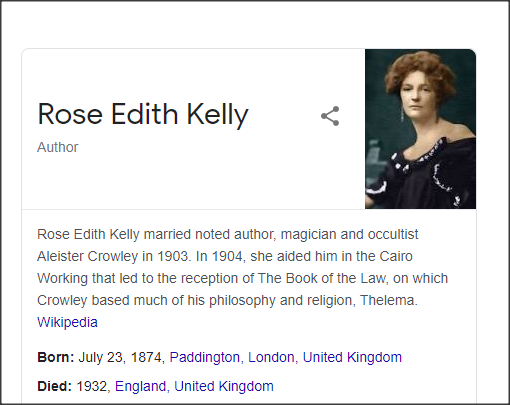 In 1904, while in Cairo, his wife Rose Kelly began to have revelations that led to the reception of the Book of the Law from the supernatural entity known as Aiwass, whom Crowley believed to be his long sought after Holy Guardian Angel.