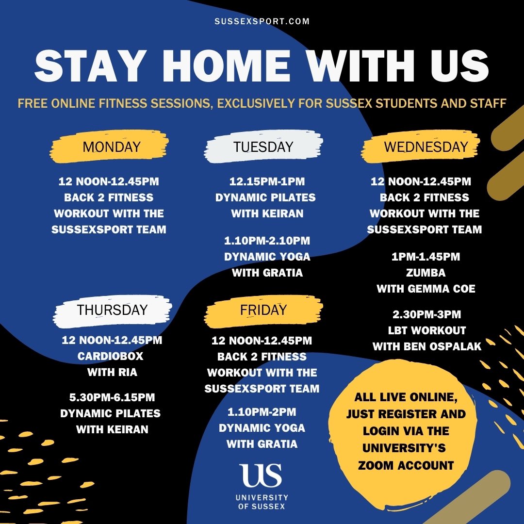 Our FREE online classes are continuing throughout February, and we now have even more sessions! 
🤸🎉

Open to all in our campus community, including <a href="/BSMSMedSchool/">BSMS</a> &amp; <a href="/IDS_UK/">Institute of Development Studies</a> students and staff, you just need to sign in via the University’s Zoom! 💙

📲 bit.ly/HomeWithUS