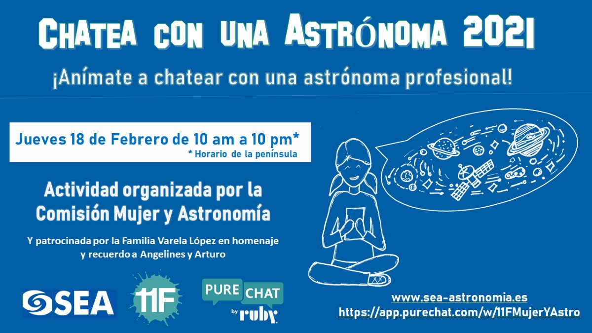 SEA_astronomia's tweet image. ¡Vuelve el chat con astrónomas! 

🗓️ 18 de febrero
⏰ 10:00h - 22.00h (peninsular)

Dentro de nuestas actividades #11F #11febrero #diamujeryninaenciencia 

Más info: bit.ly/3ct7l85

@11defebreroES @mujerconciencia @ChemistredPuck @GEMF_RSEF @MPlanetarias