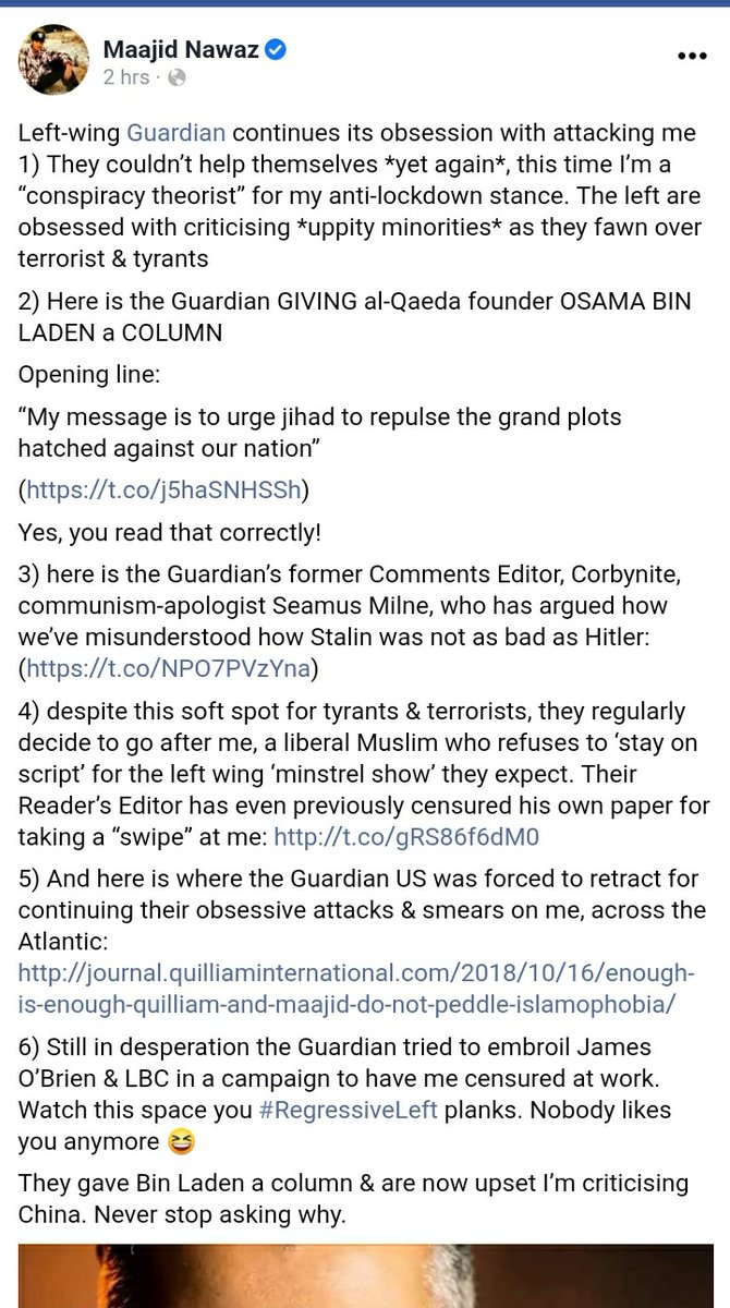 Nawaz challenges The Observer article (ignoring the content) by saying its sister paper The Guardian "continues its obsession" with him, as it "regularly" attacks him for refusing to provide a "minstrel show". As a matter of fact, how often does the Guardian challenge Nawaz?