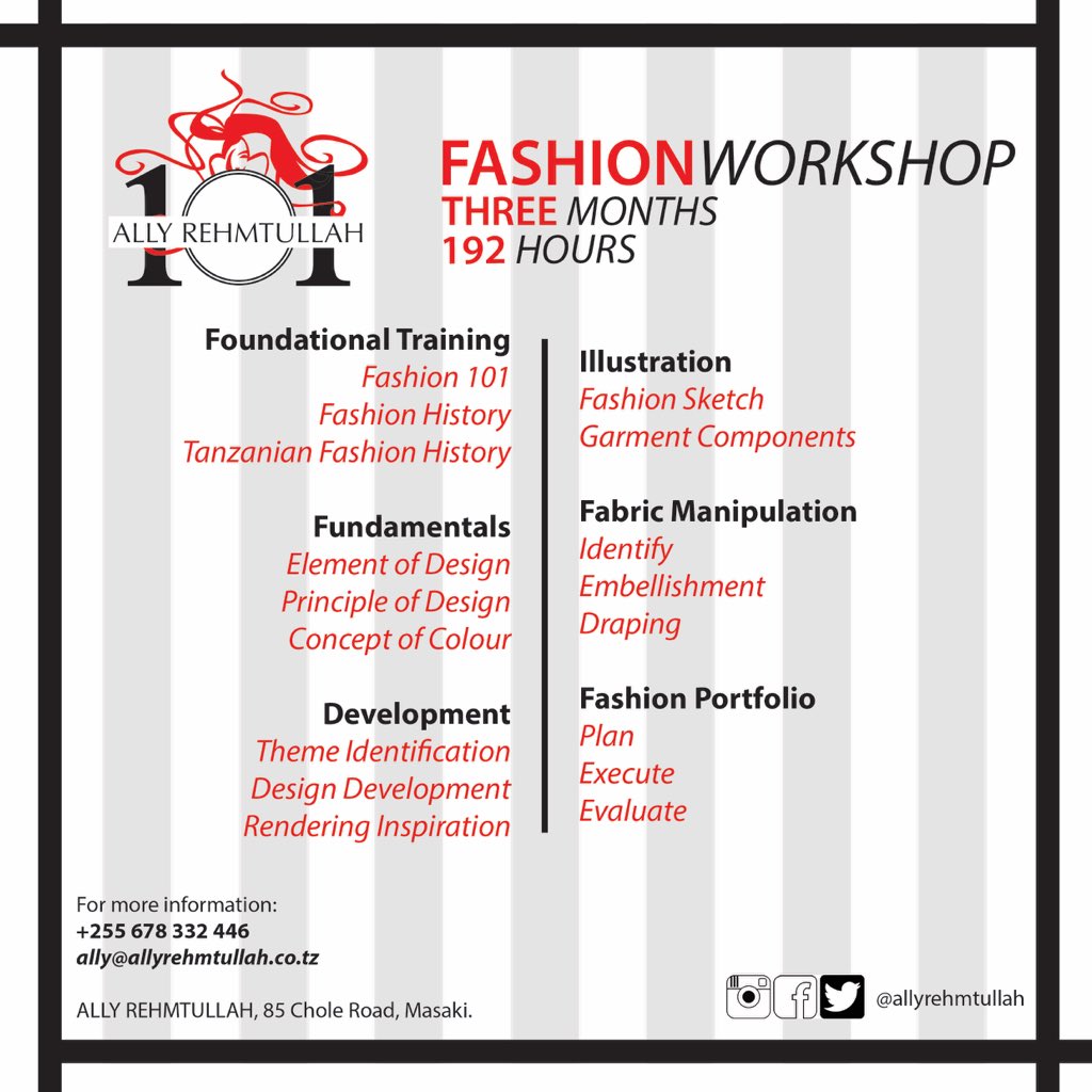AllyRehmtullah's tweet photo. #ALLYREHMTULLAH101 introducing our first fashion workshop this February. For more information reach out. Limited spaces only! #AR101 https://t.co/U6Q2vAesyy