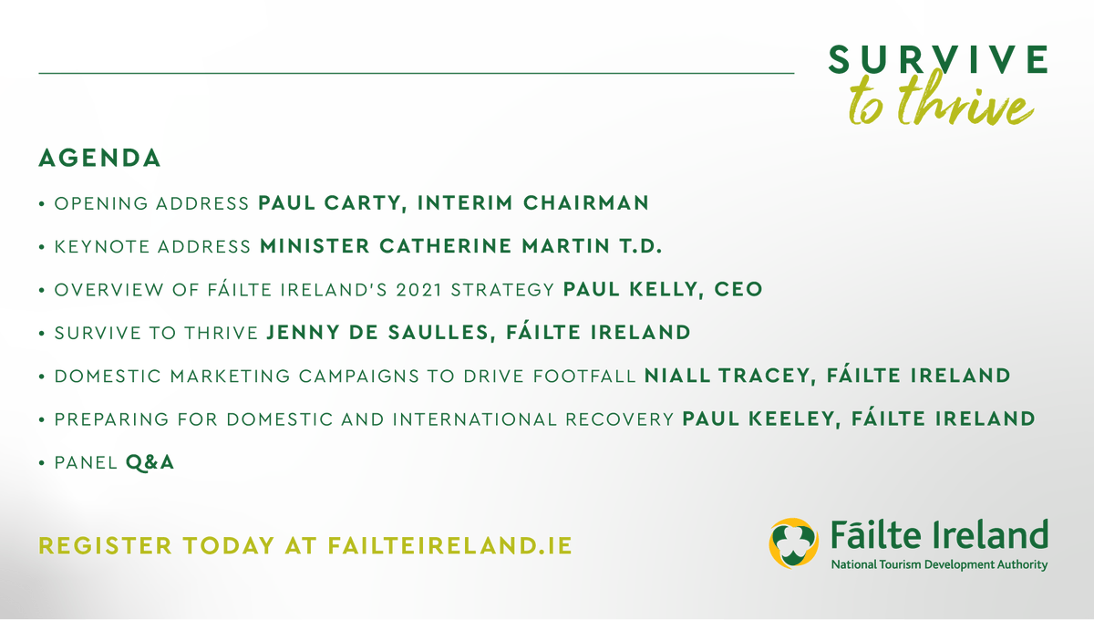 For those joining us this morning for our virtual industry event: Survive to Thrive at 10am, follow updates on twitter via our hashtag #TourismTogether
 
Check out our Agenda for the day here 👉failteirelandeventshub.ie #TourismTogether