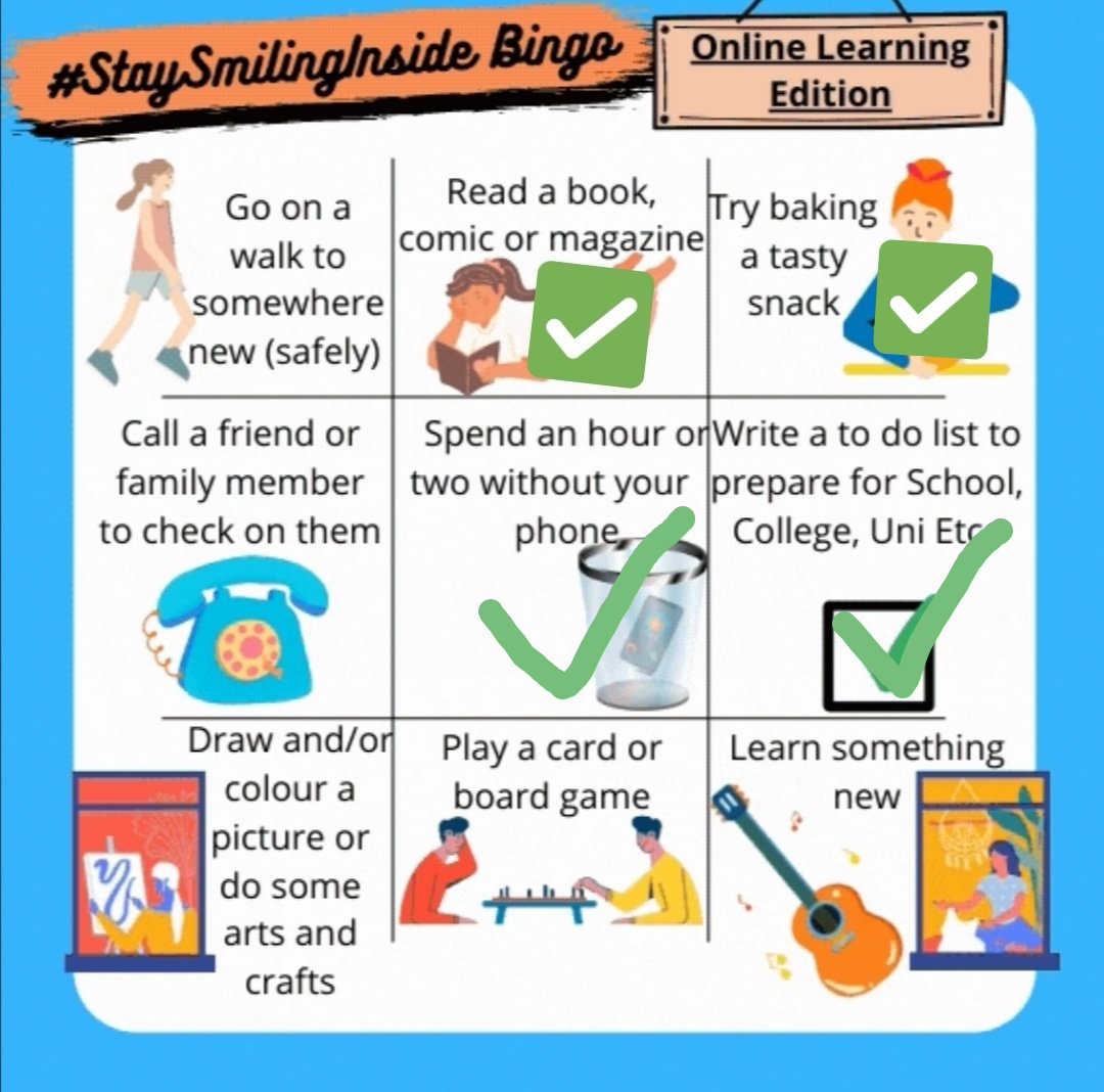 MSYPAaran's tweet photo. Last night I managed to tick off two more boxes of the #StaySmilingInside bingo

- Two hours without my phone while doing readings for uni today
- Diary filled in

I nominate @molliemsyp to take part 😊 https://t.co/5owt38ovgh