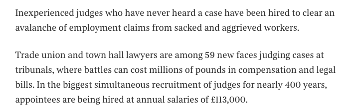 3/ Many of us will have been in front of salaried EJs who had no previous judicial experience. In my experience, the 2019 cohort have been uniformly excellent. But the author (Dominic Kennedy) is particularly concerned with trade union & town hall lawyers.