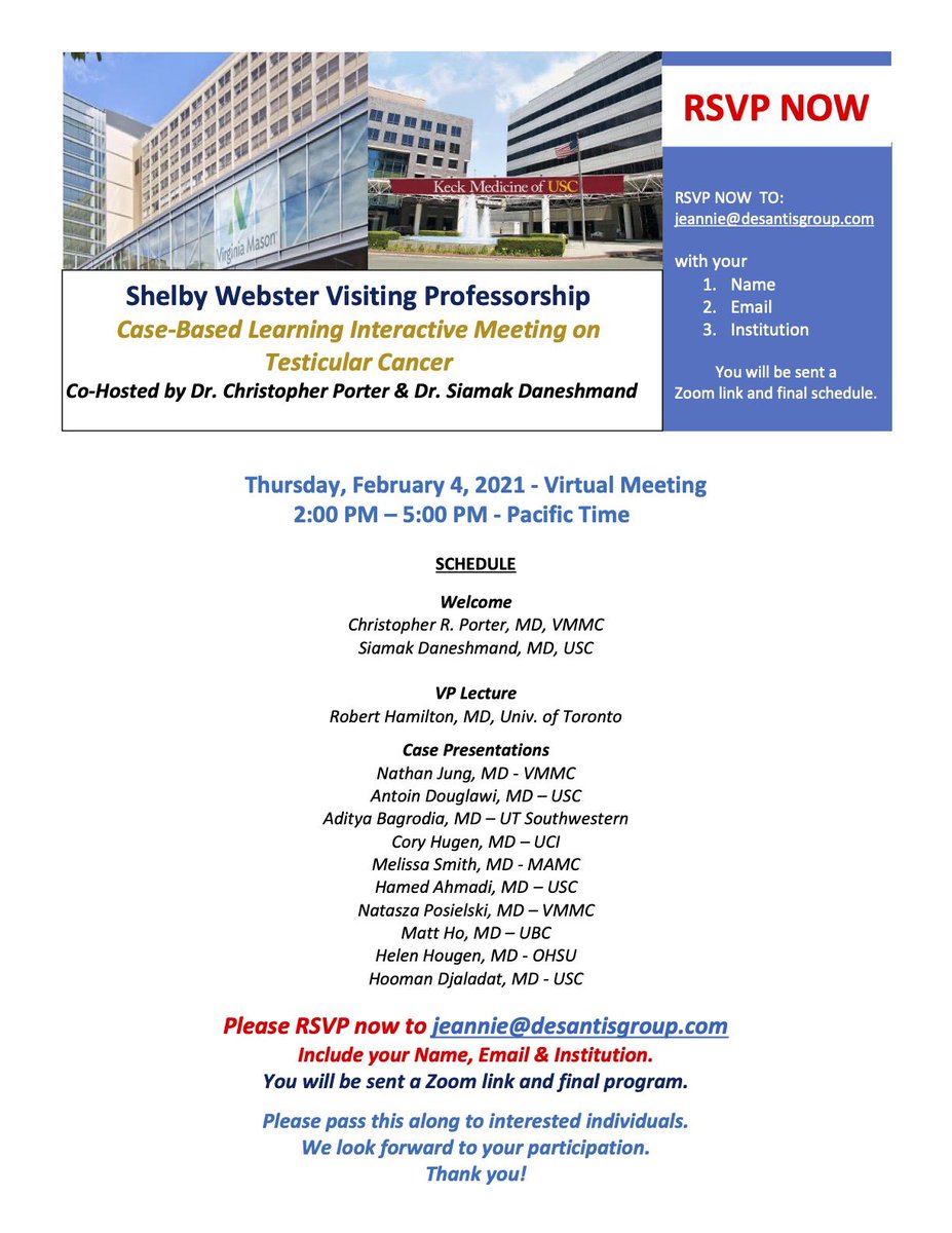 siadaneshmand's tweet photo. Join us Thu Feb 4th for the Shelby Webster Case Based Interactive Meeting on #TesticularCancer w/ our Visiting Prof ⁦@RHamiltonUrol⁩ @TestesCancer⁩ ⁦@TCSociety⁩ ⁦@auawest⁩ ⁦@Testiscancer⁩ ⁦@VMUrology⁩ ⁦@KeckMedUSC⁩ ⁦⁦@USCUrology⁩ https://t.co/7WXZ26KiZc