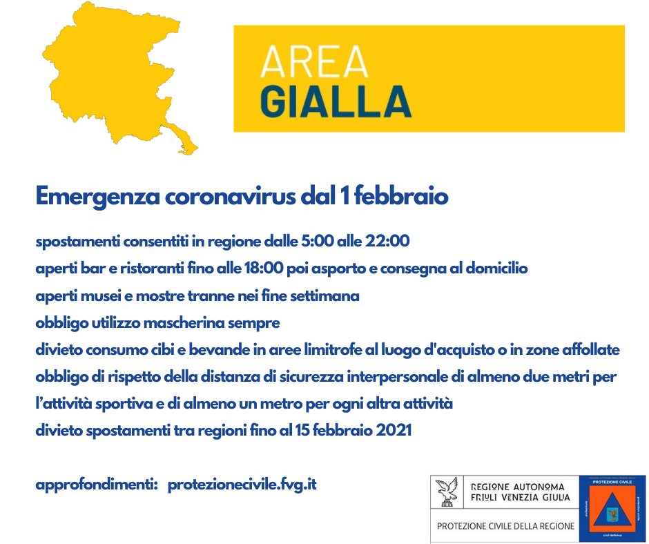 Emergenza #Coronavirus. La #regioneFVG è stata inserita in area di rischio GIALLA.
Nell'infografica le principali indicazioni in vigore da oggi #1febbraio⤵️
approfondimenti ➡️protezionecivile.fvg.it