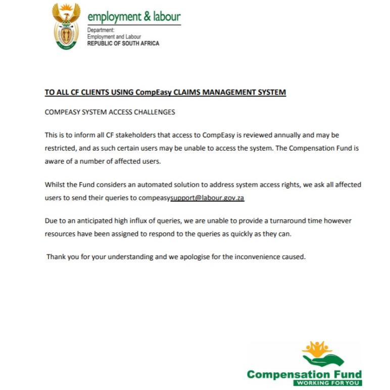 More evidence of Compensation Fund dysfunctionality – its online system is now offline. MSPs need professional administrators to access and manage the claims of injured workers. S43 amendment will eliminate this critical function, and should be removed from COIDA Bill.

#IWAG