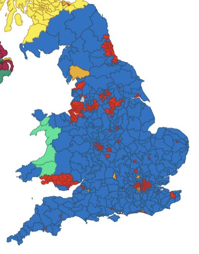 grahambsi's tweet image. Looking at this map you would think the Tories must have won at least 80% of the vote. Wrong they only had just over 43%. A majority of us voted for a left of centre party but our archaic system gave the Tories a massive majority. Time for #PR