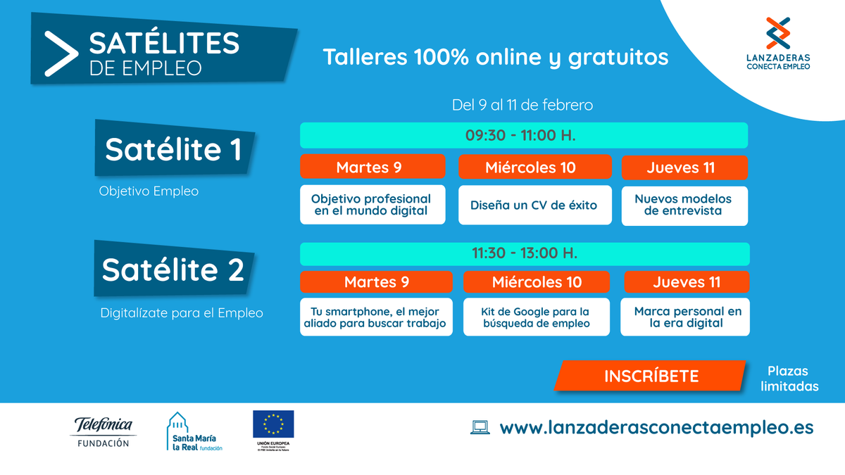 🔔¡#ÚltimosDías para inscribirse en #SatélitesDeEmpleo!💻¿Estás en #desempleo y necesitas #OrientaciónLaboral?💼Aprovecha estos #TalleresOnline en #Andalucía #CastillaLaMancha #CyL #Madrid #ComunidadValenciana #Baleares y #Murcia👏Totalmente #GRATUITOS🆓 bit.ly/3oDgttp