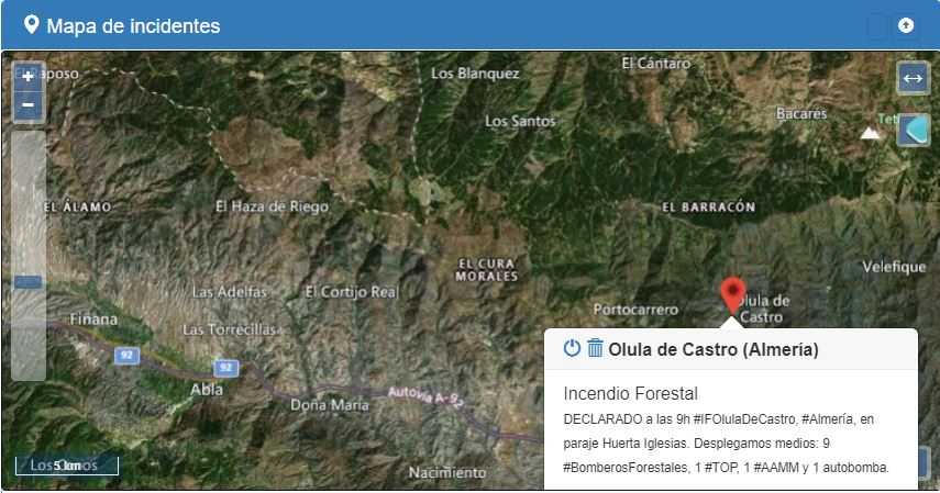 VOSTandalucia's tweet photo. El @Plan_INFOCA incorpora más medios humanos y técnicos a la extinción del #IFOlulaDeCastro. En estos momentos:  70 #BomberosForestales, 3 #TOP, 2 #AAMM, el subdirector del #COPGranada, 1 #UMIF y 5 autobombas, ÁNIMO y FUERZA !! #OlulaDeCastro #Almeria #Andalucia #112 #VOST https://t.co/vaEP5pJ1r6