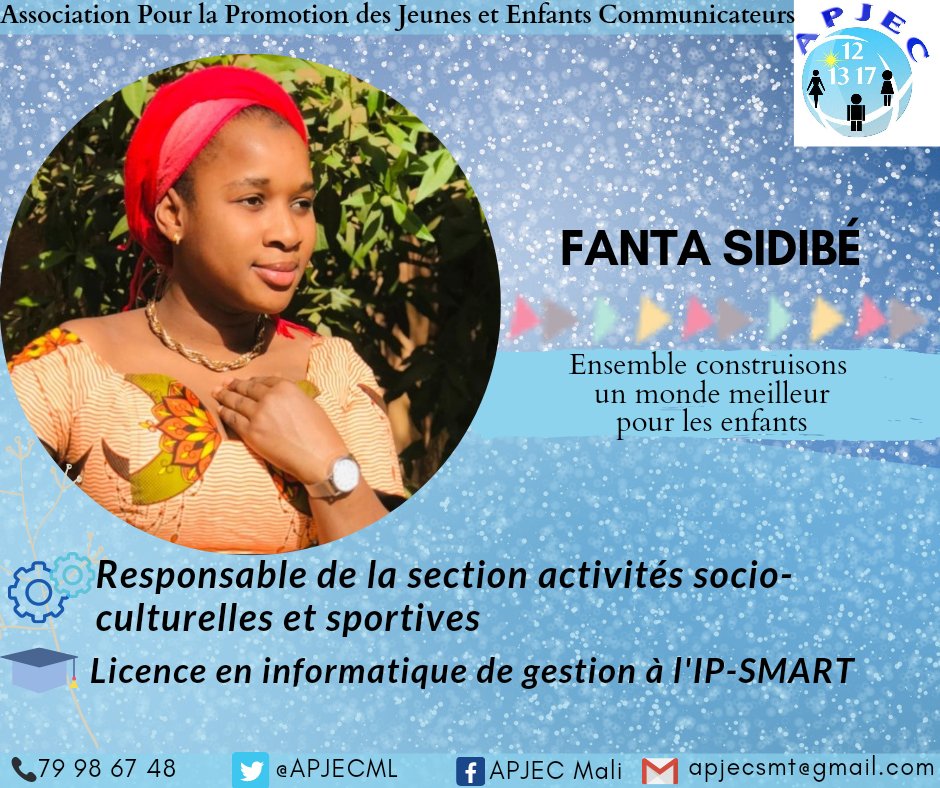 Fanta Sidibé, responsable de la section "activités socioculturelles et sportives"
Étudiante en informatique de gestion, sa section contribue à  la promotion des droits de l'enfant à travers la musique, le dessin, le théâtre, le sport.
bit.ly/3telgoC
#APJECMali 
#BE021