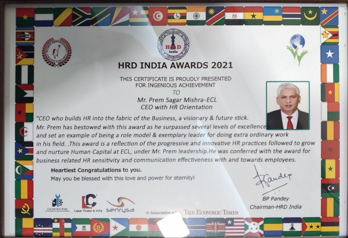 easterncoal's tweet image. “द इकोनॉमिक्स टाइम्स” के सहयोग से “एच.आर.डी. इण्डिया” (HRD India) ने @easterncoal के सीएमडी श्री प्रेम सागर मिश्रा को मानव संसाधन अनुकूलन में वर्ष का सर्वश्रेष्ठ सीईओ (CEO with HR Orientation) घोषित किया है और सम्मान स्वरूप शील्ड व प्रशस्ति पत्र प्रदान किया है।