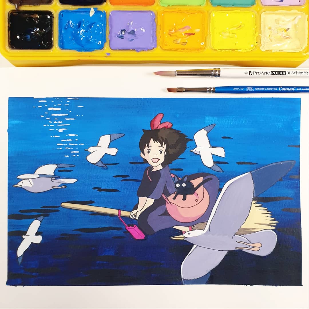 GraceSkeatesArt's tweet image. Kiki&apos;s Delivery Service studies in my sketchbook! Used Arrtx #gouache paint and Winsor&amp;amp;Newton #winsornewtonwatercolors 
Left image painted live on #twitch 
Really happy with how they turned out! 
#StudioGhibli #art #painting