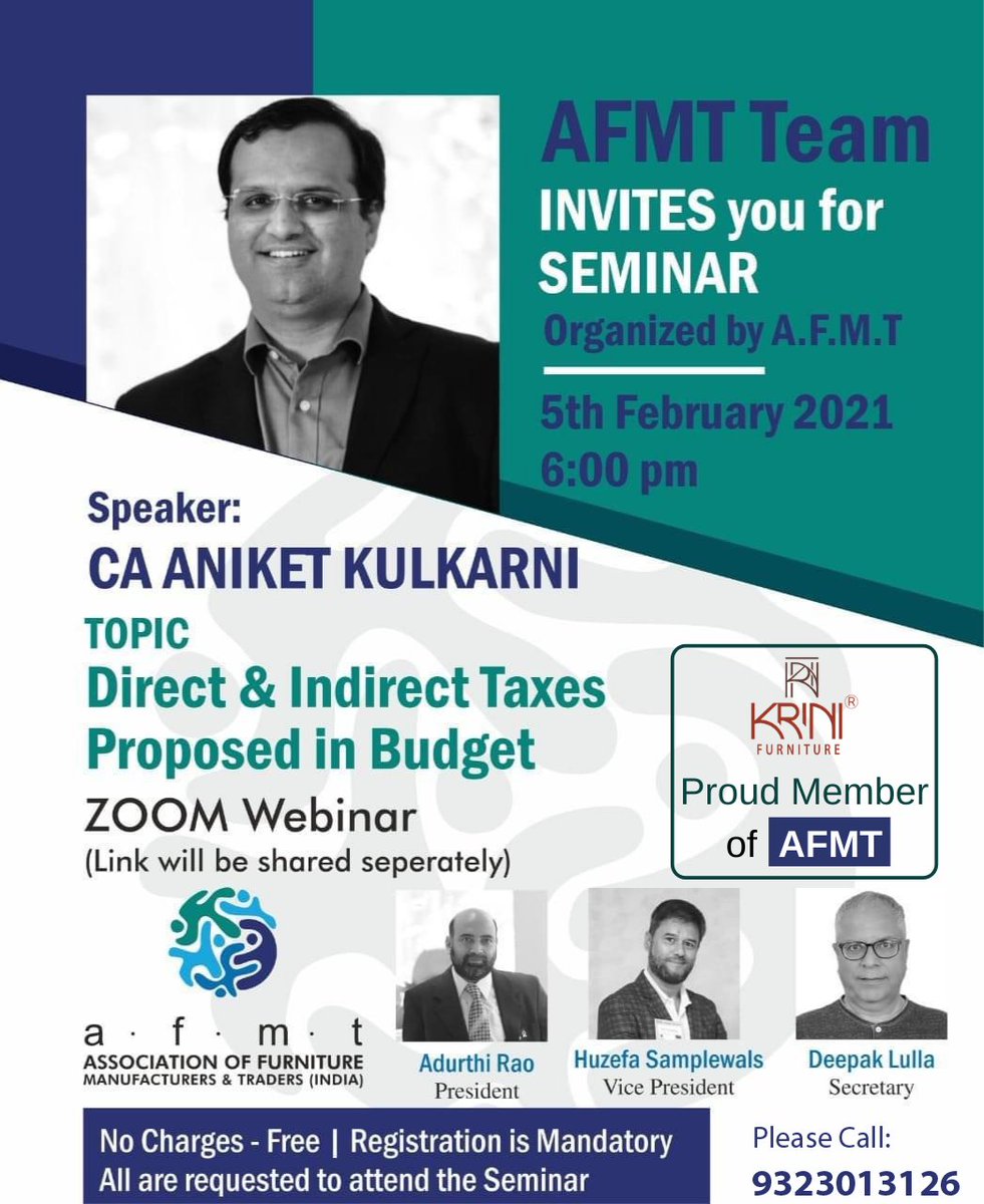 KriniLtd's tweet photo. Hello All Friends,

Please join the webinar conducted by experts on Direct &amp; Indirect Taxes Proposed in Budget 2021.
Follow this link to join our WhatsApp group: 
https://t.co/QXY1UTPTvi
#furniture #association #plywood #plywoodmanufacturer #woodworking #furnituredesign #laminate https://t.co/cmraYKRhpX