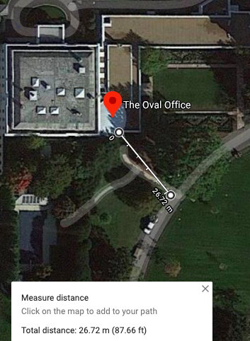 Nor does it take a huge amount of skill to use Google earth to measure the approx 87 foot distance between the Oval Office window and the nearest bit of the driveway.