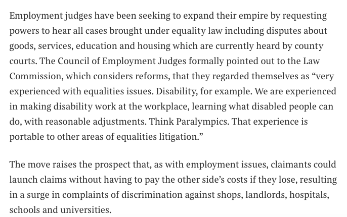 6/ The author next bemoans the "power grab" under which it has been suggested the ET hear all equality cases rather than just workplace disputes. It's a "power grab" I've always thought makes sense. EJs understand the EqA. It's their bread & butter. Many CJ (even ticketed) don't