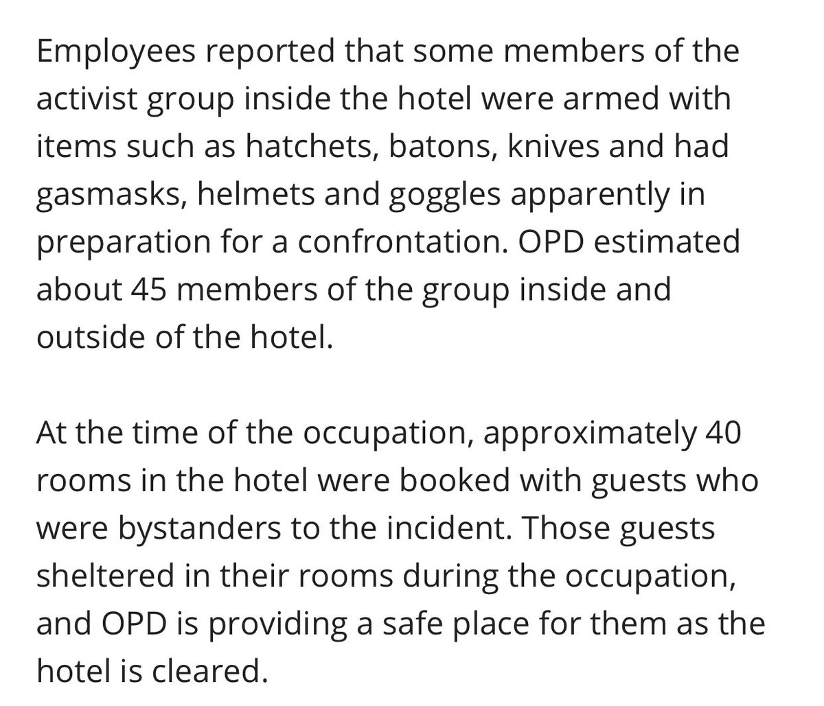 Should be international news: 

An #antifa group sieged a Red Lion hotel in Olympia, WA, forcing staff to flee for their lives &amp; guests in 40 rooms had to shelter in place. The antifa brought hatchets, knives &amp; other weapons to the siege. City statement: mailchi.mp/olympiawa.gov/…