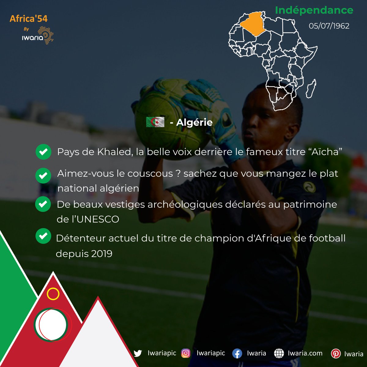 L’#Algerie est un pays au Nord de l’Afrique ayant accédé à son indépendance le 05 juillet 1962. C’est le plus étendu du continent, avec le désert du Sahara qui occupe 80% de sa superficie. Il regorge de vestiges archéologiques, hérités des nombreuses civilisations⤵️ 
#Africa54