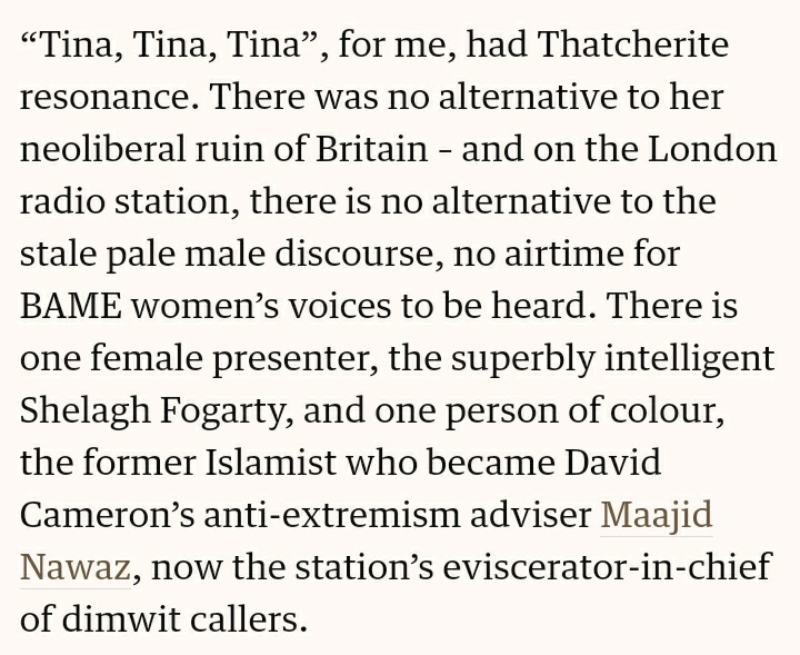 There was pretty neutral/partly positive reference to Nawaz as a rare minority voice on the station in a highly critical piece about LBC since then