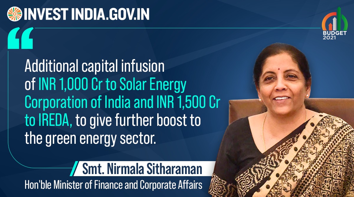 investindia's tweet photo. #IndiaResurgent
In a major boost to #NewIndia's renewable energy sector, Smt. @nsitharaman announced capital infusion for @SECI_Ltd & @IREDALtd in #Budget2021!
#TheLionRoarsAgain #UnionBudget2021 #BackToGrowth @mnreindia https://t.co/mB3Qr8BaXA