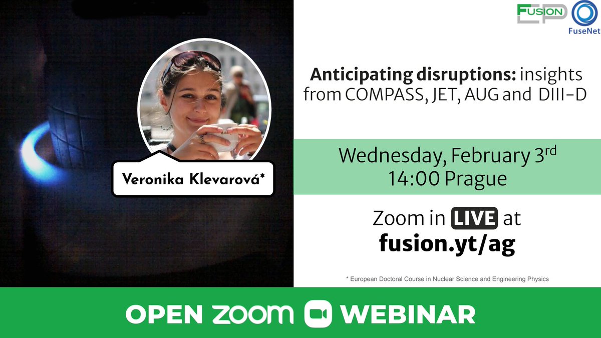 FusionInCloseUp's tweet image. Can we spot unwanted disruptions of our fusion plasma before they start to happen? Check out Veronika Klevarová&apos;s FusionEP webinar this Wednesday February 3rd at 14h CET: fusion.yt/ag [zoom link]
@FuseNet_eu #FusionEPtalks #FusionInEurope #fusionenergy #fusionresearch