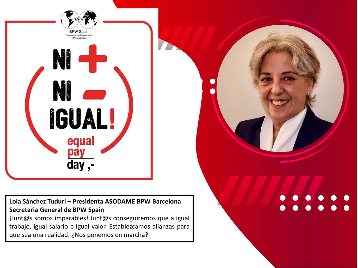 BpwSpain's tweet photo. "¡Junt@s somos imparables! Junt@s conseguiremos que a igual trabajo, igual salario e igual valor. Establezcamos alianzas para que sea una realidad.¿Nos ponemos en marcha?" @STudur presidenta de @asodame_bpw y Secretaria General @BpwSpain #nimasnimenos #epdbpw #somosbpw #igualdadd https://t.co/HOj7Cl4z8M