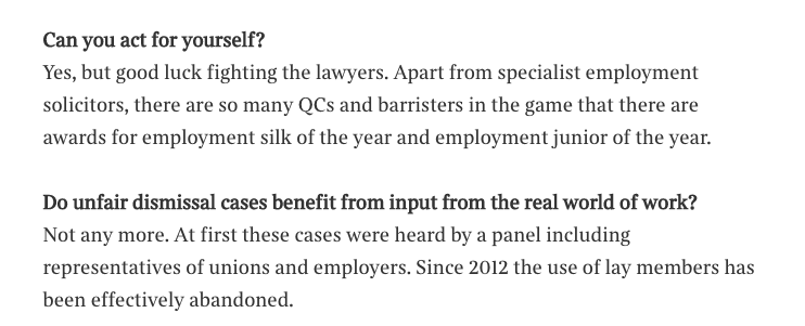 13/ The piece ends with a Q&A section, which includes the suggestion that unfair dismissal claims don't benefit from "the real input of work" now that they're tried by judges alone, & that there are so many employment barristers & QCs that we have our own awards!!!