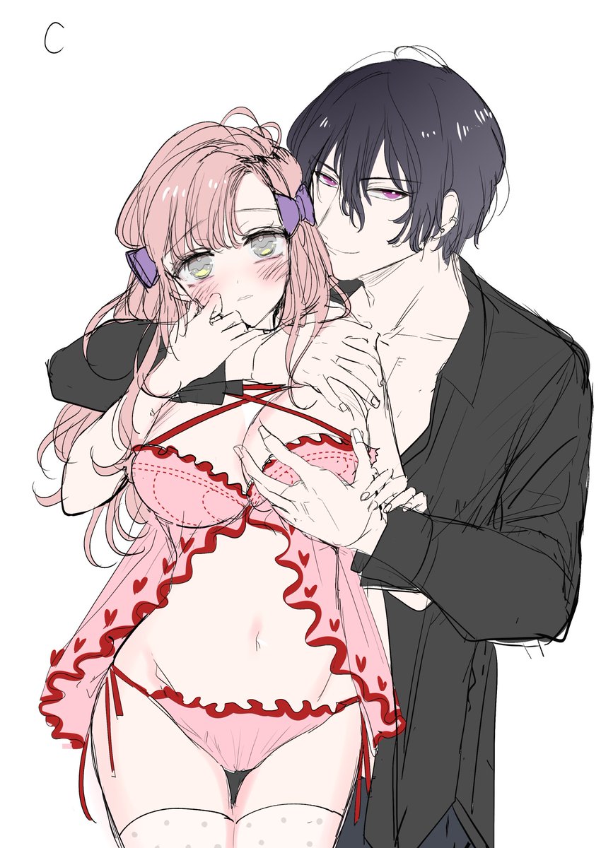 ラフです!3案描いてBでいくことになりました。女の子のヘアアクセの色は最初紫でしたが、その後、水色、黒、赤と見比べていただいて、結果的に水色になりました。二人とも病み気味で、やばい男だと分かってても彼に尽くしてしまう…みたいな設定を勝手に考えて描いてました🤤 