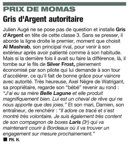 🎆Succès montois à l’Hippodrome de Pau🏆! Sous la selle de Julien Augé,  🥇Gris d’Argent🐴 met son ❤ sur la piste et s’impose de bout en bout dans le Prix de Momas, la 9⃣ème victoire de sa carrière, pour l’entraînement de #DamiendeWatrigant👏👏👏 le 30.01.2021
