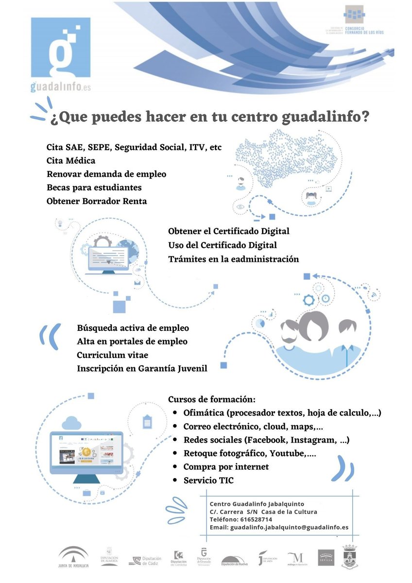 CGJabalquinto's tweet photo. ¿Qué puedes hacer en tu Centro Guadalinfo? En Guadalinfo encontrarás una extensa gama de posibilidades para realizar con las Tic's https://t.co/jUs6nQXRJO