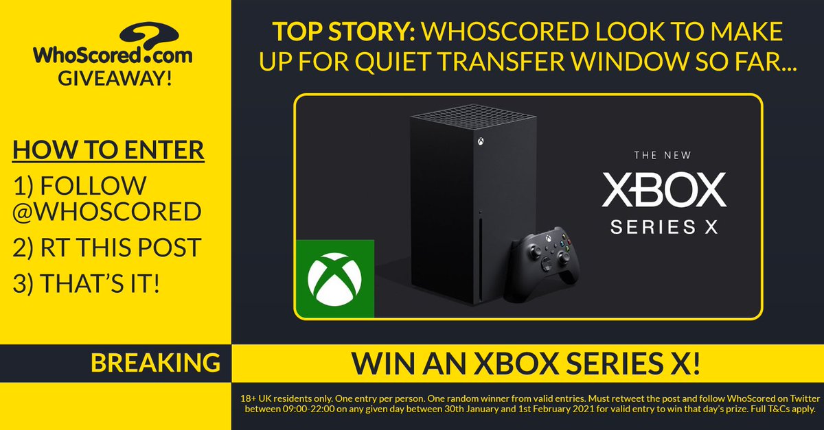 🚨 BREAKING: Massive #DeadlineDayGiveaway

🎮 Win an Xbox Series X!

📋 𝗛𝗼𝘄 𝘁𝗼 𝗲𝗻𝘁𝗲𝗿

1⃣ Follow <a href="/WhoScored/">WhoScored</a> 
2⃣ RT this tweet

🔞 Full T&amp;Cs apply - whoscored.com/TermsOfUse