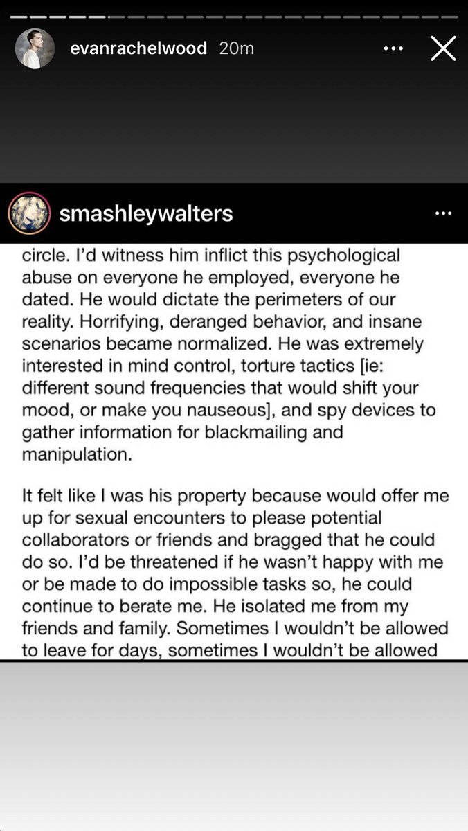 CW: graphic details of abuseIn her Instagram stories, Evan is sharing screenshots from other women who have just come forward on Instagram saying they too were victims of Manson.