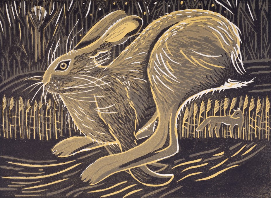 Can't wait to get out walking the downs again to see an early morning hare... here's Annie Soudain's linocut Hare as a reminder.
#womensart #wildlife #southdowns #linoprinting