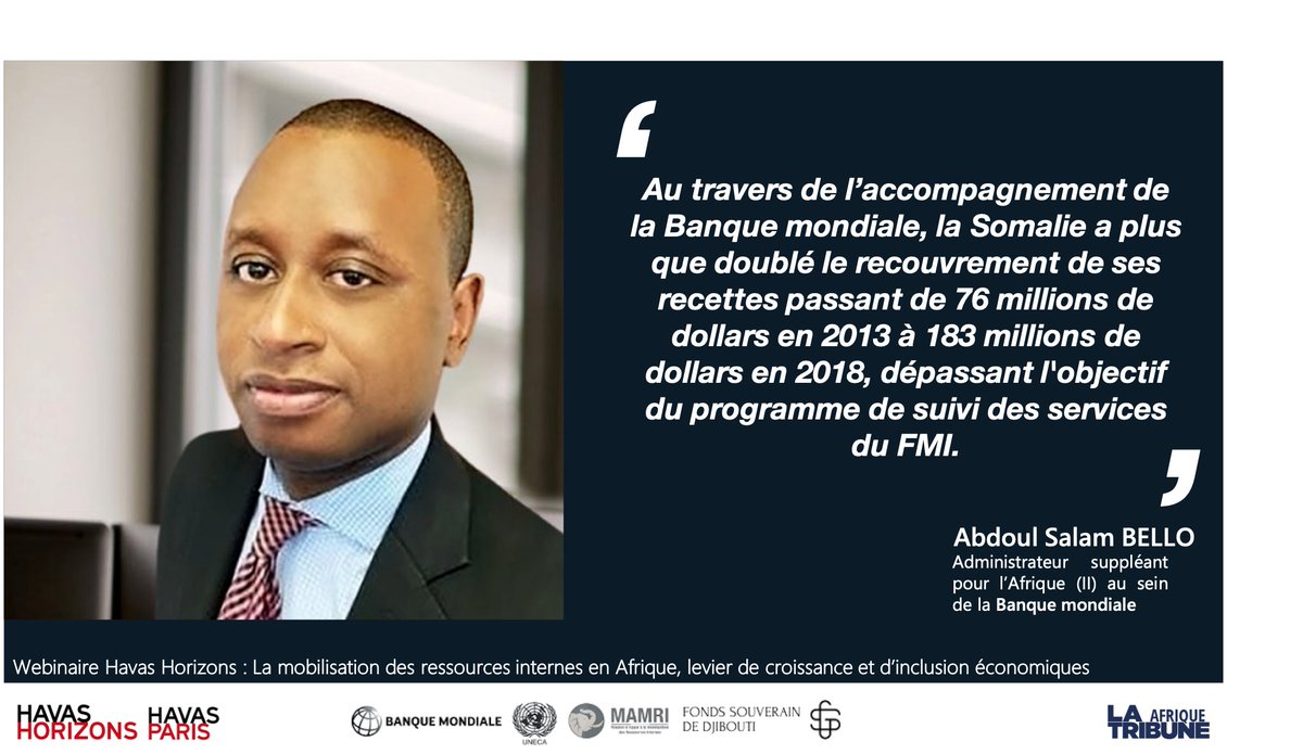 HavasHorizons's tweet photo. Webinaire #HavasHorizons :  @as_bello @WorldBank a rappelé l’importance d’une bonne gouvernance, de la sécurité et de l’informatisation
lorsqu’on parle de collecte fiscale en Afrique.
En #Somalie et ailleurs, retrouvez ses exemples concrets en replay https://t.co/HqWS4G7naP https://t.co/cfRVRBE9tA