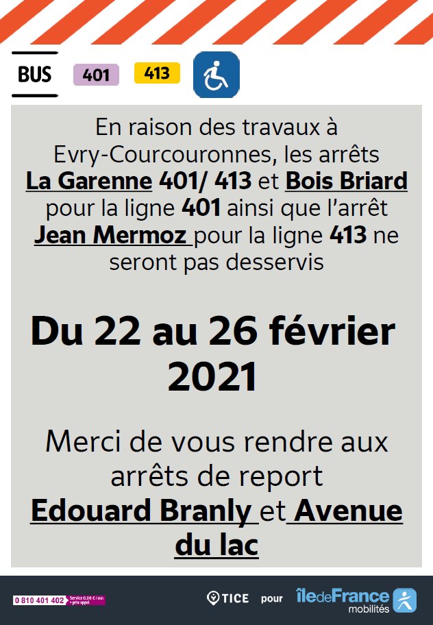 EvryEss_IDFM's tweet image. #InfoTrafic Annule et remplace l'information concernant la déviation des lignes #bus401 et #bus413. Bonne journée!