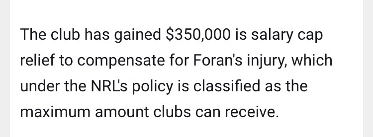 Just to answer a few questions in the replies:- All serious injuries (to miss 12+ weeks) suffered in rep matches qualify for salary cap exemption, whether to the brain/shoulder/knee- Has been approved multiple times before, see below for Foran, Bateman and Rapana examples