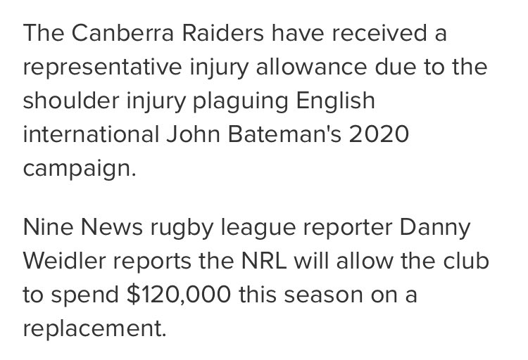 Just to answer a few questions in the replies:- All serious injuries (to miss 12+ weeks) suffered in rep matches qualify for salary cap exemption, whether to the brain/shoulder/knee- Has been approved multiple times before, see below for Foran, Bateman and Rapana examples
