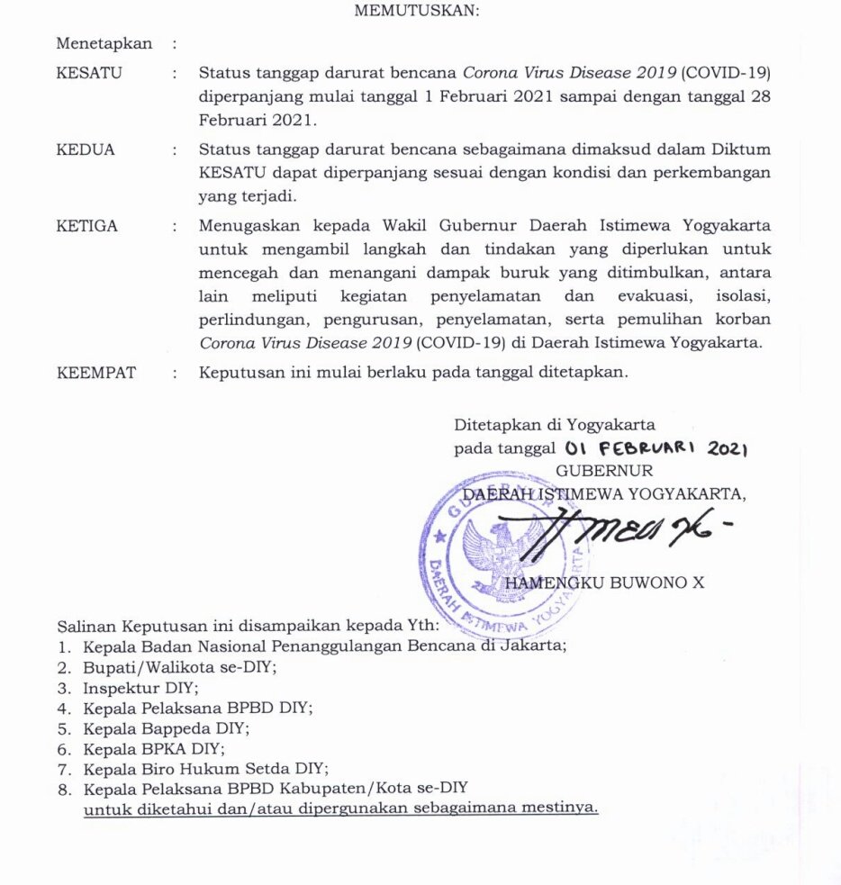 Perpanjangan Masa Tanggap Darurat Bencana Covid19 di DIY
Perode 1 - 28 Februari 2021
@Pusdalops_diy