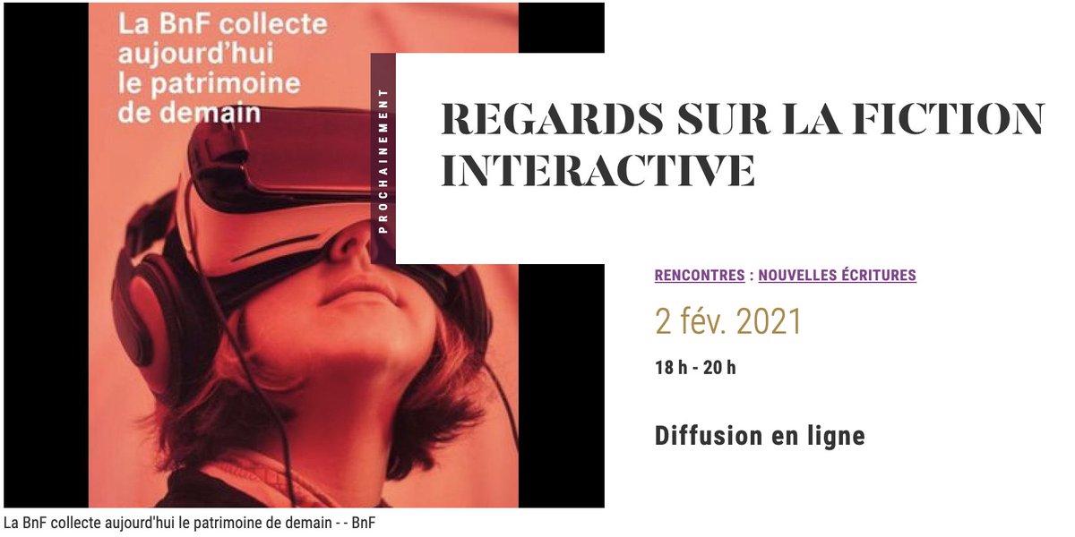 RDV n°2 : La fiction interactive - 2 février à 18h⚡️organisé par la <a href="/laBnF/">La Bibliothèque nationale de France</a> avec <a href="/MarieBlondiaux/">Marie Blondiaux</a> <a href="/Redcornerlabel/">Red Corner</a>, <a href="/NPeufaillit/">Nicolas Peufaillit</a> , <a href="/jpouilloux/">Jérémy Pouilloux</a> <a href="/laGdP/">La Générale de Production</a>, <a href="/benhoguet/">Benjamin Hoguet</a>. Comment repousser les codes de la narration et impliquer le spectateur dans le déroulement de l’intrigue >Youtube <a href="/laBnF/">La Bibliothèque nationale de France</a>