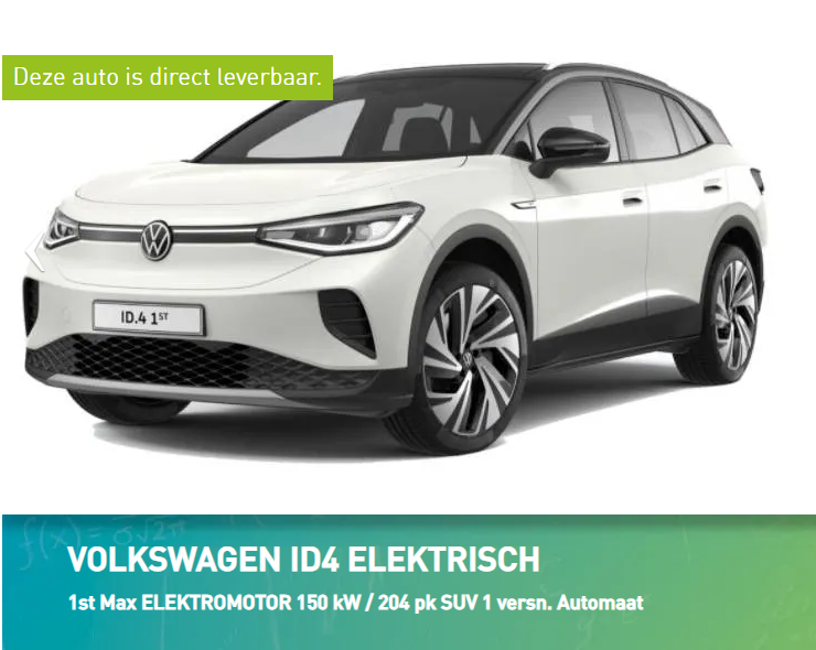 Heb je direct leaseauto nodig? Deze VOLKSWAGEN ID4 ELEKTRISCH is direct beschikbaar. € 709,- per maand. 
Prijs is gebaseerd op basis van een looptijd van 60 maanden en 10.000km per jaar.
Bijtelling: 8% over de eerste € 45.000,- en 22% over de rest.  bit.ly/3ap0qdl