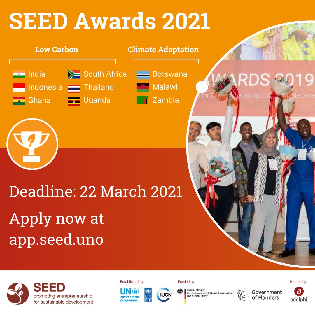 The SEED Awards 2021 🏆 are now open! Are you an innovative enterprise focused on environmental issues? We want to hear from you! Register on app.seed.uno to start your application! For more info 👉 seeds.uno/Awards2021CfAEN Deadline -> 22 MAR 🎉 #Enterprise #Awards