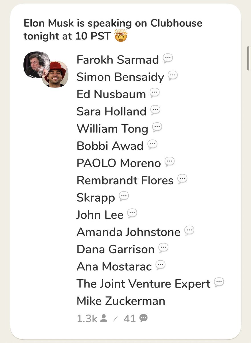 Cette nuit,  @elonmusk a débarqué sur Clubhouse. Depuis, des dizaines de rooms débriefent son intervention, à laquelle tout le monde n’a pas pu assister (5000 personnes maximum par room).  https://twitter.com/elonmusk/status/1355983231988862978