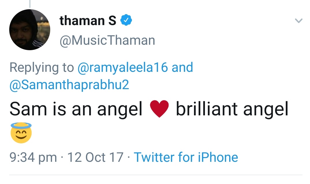 Music director  #Thaman about  @samanthaprabhu2 She is an angel  brilliant angel  #SamanthaAkkineni 