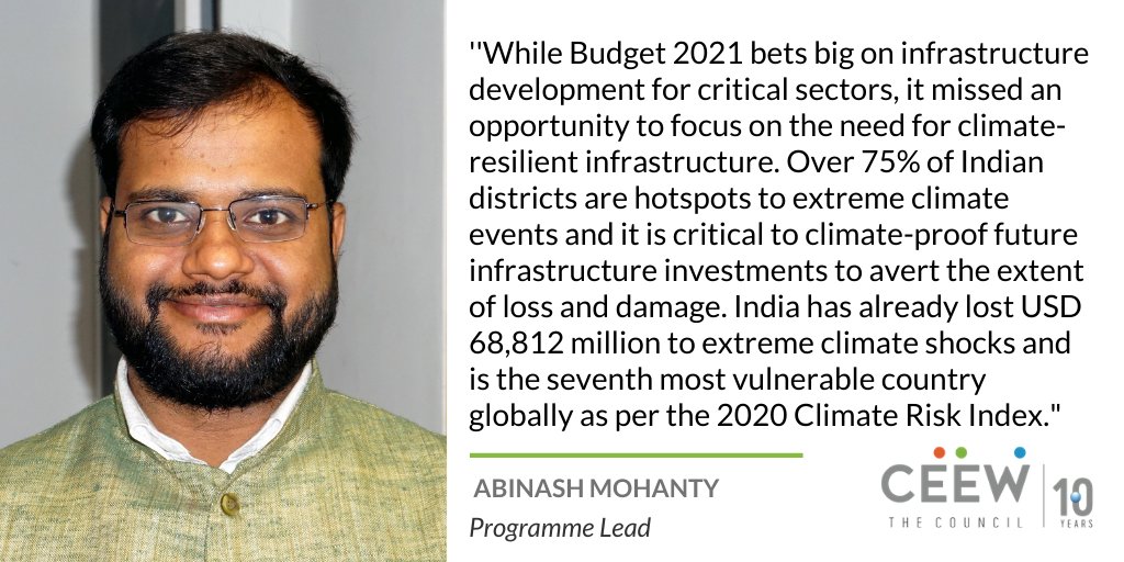 While  #Budget2021 bets big on infra development for critical sectors, it missed an opportunity to focus on the need for climate-resilient infrastructure. 75%+ Indian districts are extreme climate events' hotspots:  @Abinash0294  #climateaction  #ClimateEmergency  @jayashreenandi