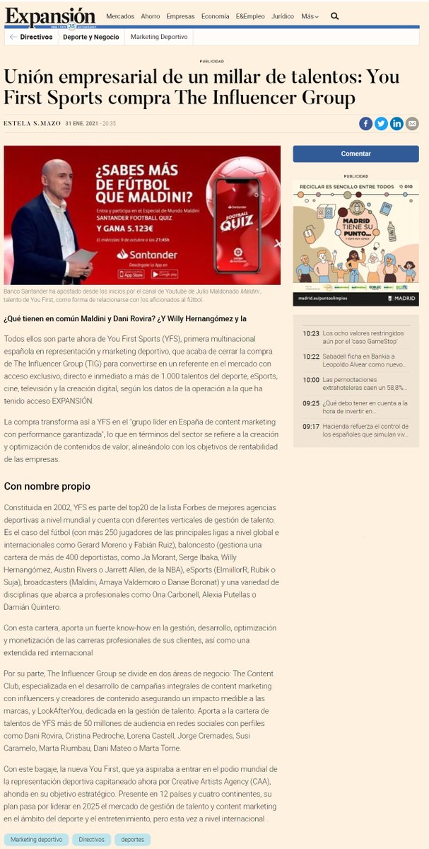 📰Bringing together a thousand talents: You First Sports acquires <a href="/TheInfluencer/">The Influencer</a> 

With this transaction, YFS consolidates its position in the entertainment industry and enhances its capabilities.

expansion.com/directivos/dep…

#sportsandentertainment #influencermarketing #contentmkt
