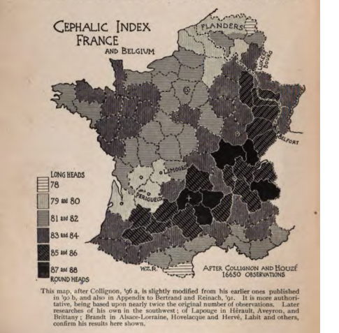 In France the most wide faced people live in and around the mountainous Auvergne. Similarly, the brachycephaly of North Italians and South Germans give the “Alpine” race its name. This is from Ripley’s original Races of Europe: