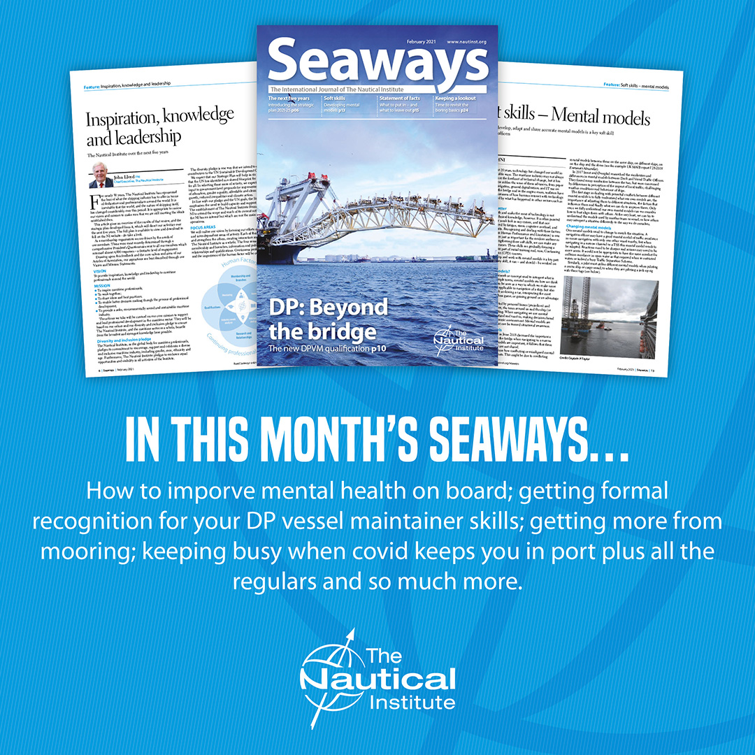 NauticalInst's tweet photo. February's Seaways focuses on the new DPVM qualification. Members can read the new issue online now!!
#intheni #lifeatsea #maritime #seafarers #DP #DynamicPositioning #Seaways https://t.co/O3snySnRtY